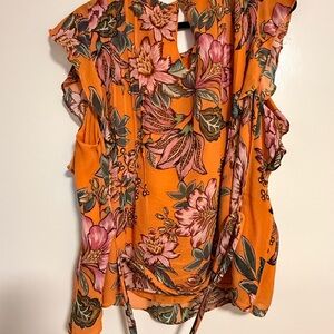 FARM Rio Orange Floral Tie-Front Ruffle Sleeve Blouse